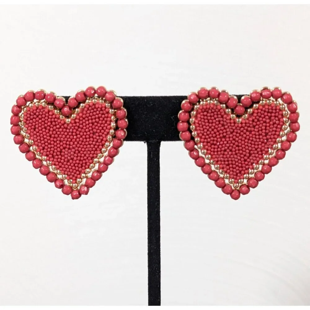 Red Beaded Heart Earrings Bold Statement Gold Tone Valentines‎ Love